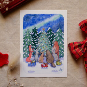 Reproduction de l'aquarelle "Amis à Noël" par chatdudesert. Photo prise de face, vue d'ensemble sur l'illustration.