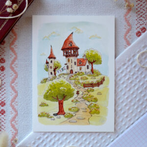 Reproduction de l'aquarelle "Château biscornu" par chatdudesert. Photo prise de face, vue d'ensemble sur l'illustration.
