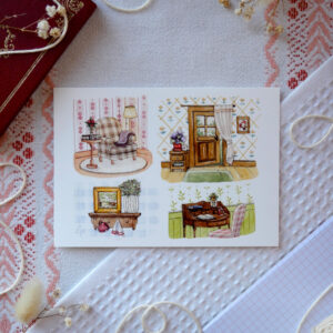 Reproduction de l'aquarelle "Ambiance papier peint" par chatdudesert. Photo prise de face, vue d'ensemble sur l'illustration.