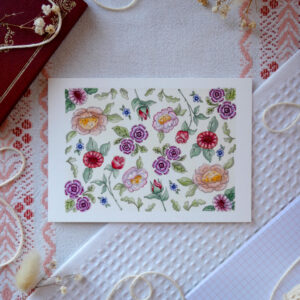 Reproduction de l'aquarelle "Fleurs vintages" par chatdudesert. Photo prise de face, vue d'ensemble sur l'illustration.