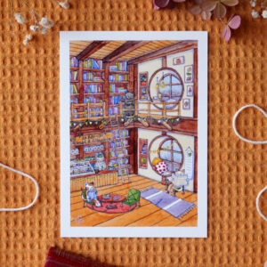 Reproduction de l'aquarelle "Arabi-cat, le café-librairie" par chatdudesert. Photo prise de face, vue d'ensemble sur l'illustration.