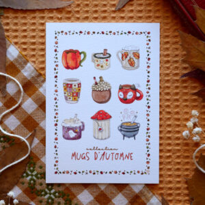 Reproduction de l'aquarelle "Collection « Mugs d'automne »" par chatdudesert. Photo prise de face, vue d'ensemble sur l'illustration.