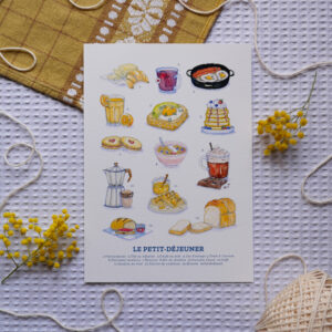 Reproduction de l'aquarelle "Collection « Le petit-déjeuner »" par chatdudesert. Photo prise de face, vue d'ensemble sur l'illustration.