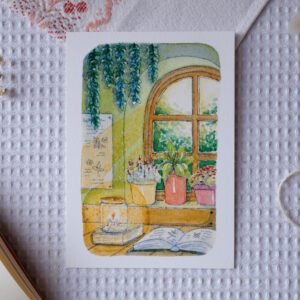 Reproduction de l'aquarelle "L'atelier de l'herboriste" par chatdudesert. Photo prise de face, vue d'ensemble sur l'illustration.